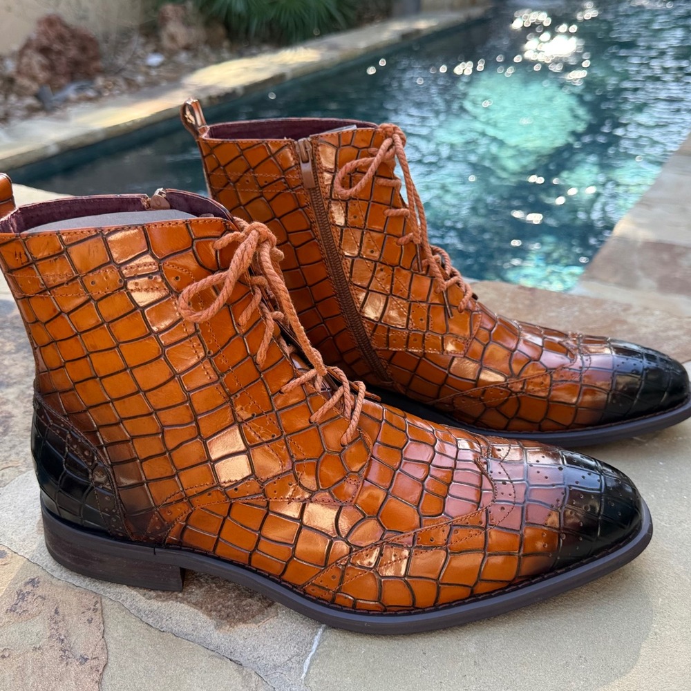 Giovanni Corbin Men's 12 Croc Embossed‎ Leather Ankle Boots Cognac Black Cap Toe